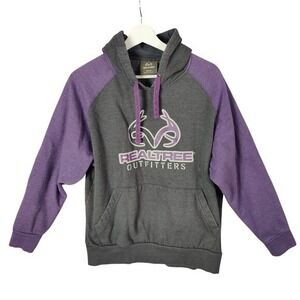 Realtree Womens Gorpcore Outdoors Hoodie M Gray Purple Raglan Graphic Pullover